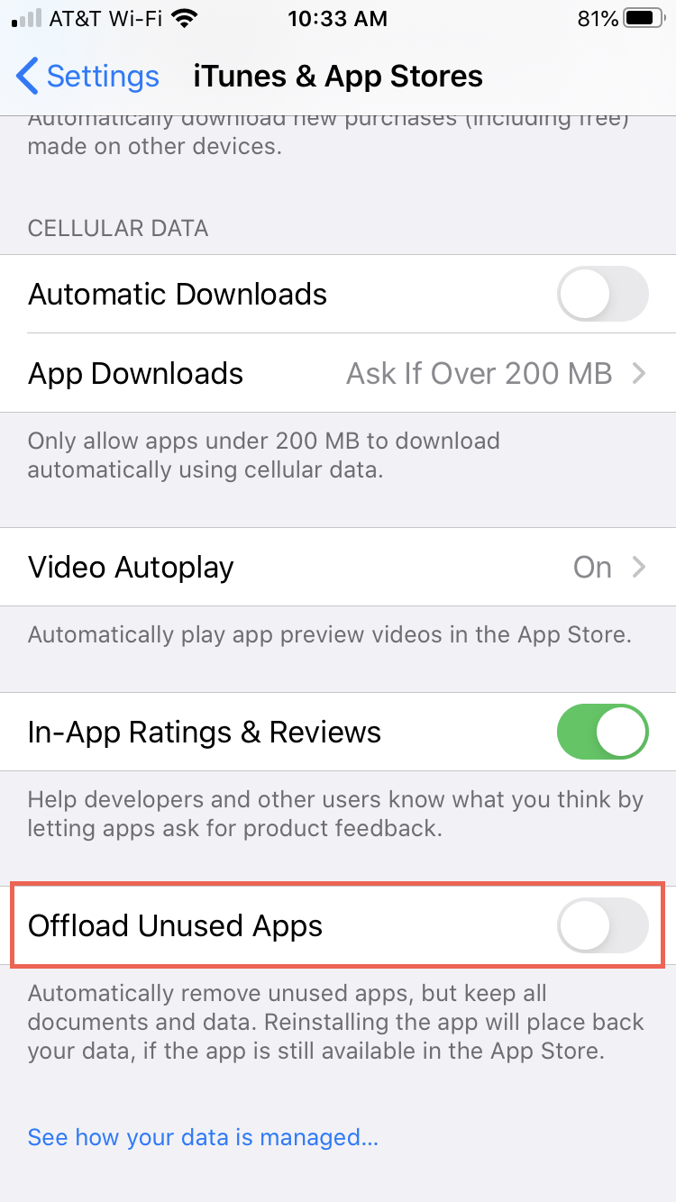 Nonaktifkan Lepas aplikasi iPhone yang tidak digunakan