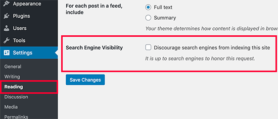 Pengaturan visibilitas mesin pencari di WordPress