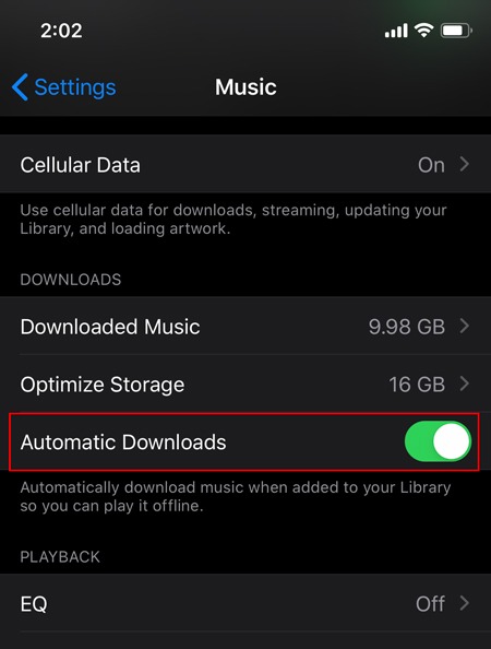 Unduhan otomatis Apple Aktifkan Toggle musik