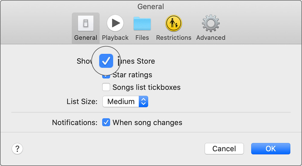 Pilih iTunes Store di Preferensi Aplikasi Musik di Mac