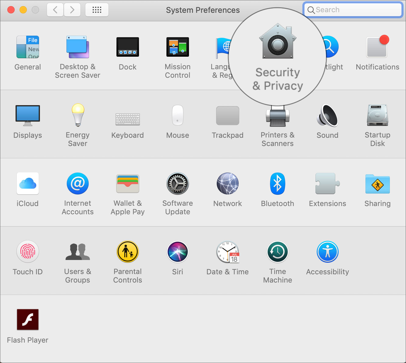 Klik Keamanan & Privasi di Preferensi Sistem Mac