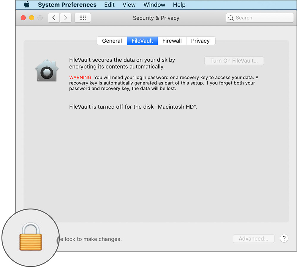 Klik pada Lock in FileVault Tab di macOS Catalina