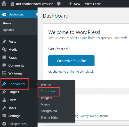 Dashboard WordPress menunjukkan di mana menemukan Appearance - Customize