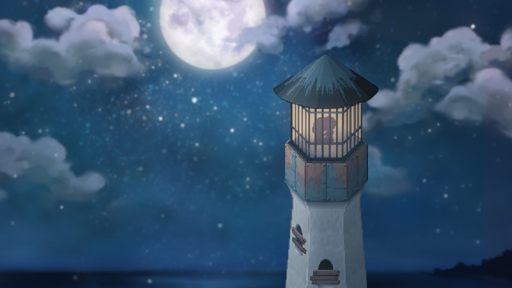 Layar game independen To The Moon, di mana siluet pasangan muncul di dalam menara di bawah sinar bulan