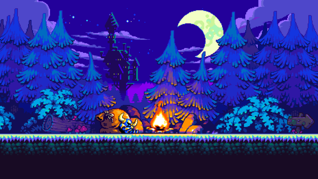 La pantalla Shovel Kinght muestra al personaje principal descansando cerca de una fogata en el bosque