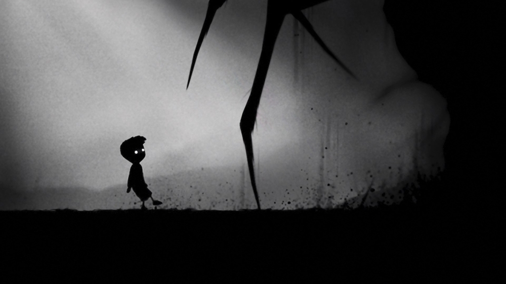 Лимбо экран с мрачным экраном и мальчиком, идущим по пейзажу