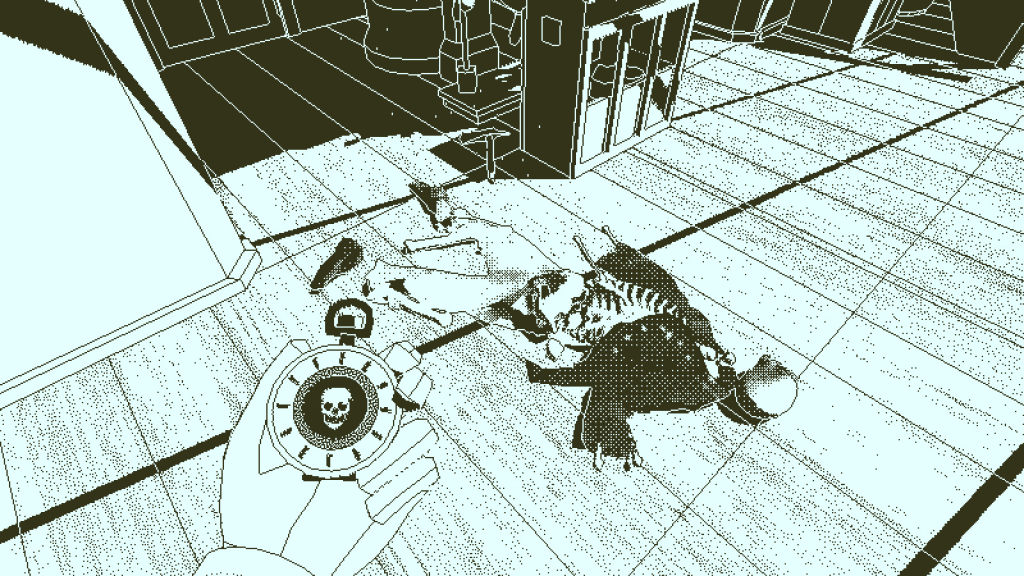 Imagen donde la mano del personaje principal del juego Regreso de the Obra Dinn sostiene un objeto en forma de reloj junto a un cuerpo descompuesto dentro de una nave
