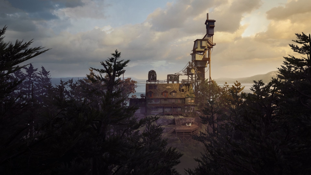 Изображение игры «Что осталось от Эдит Финч» с большим домом посреди леса на закате