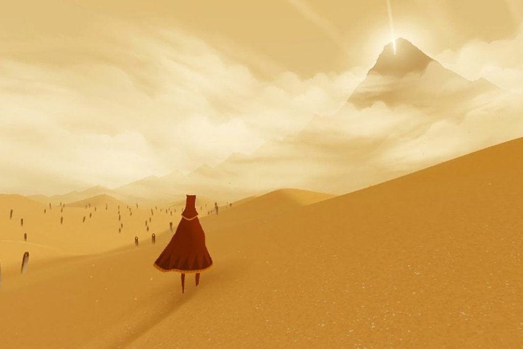 Layar Journey di mana karakter di punggungnya melihat gurun