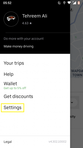 Pengaturan di Uber untuk Android.