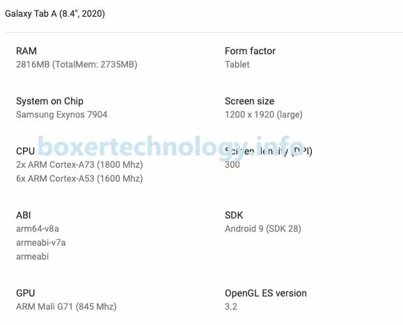 Spesifikasi yang difilter Samsung Galaxy Tab A 8.4 (2020)
