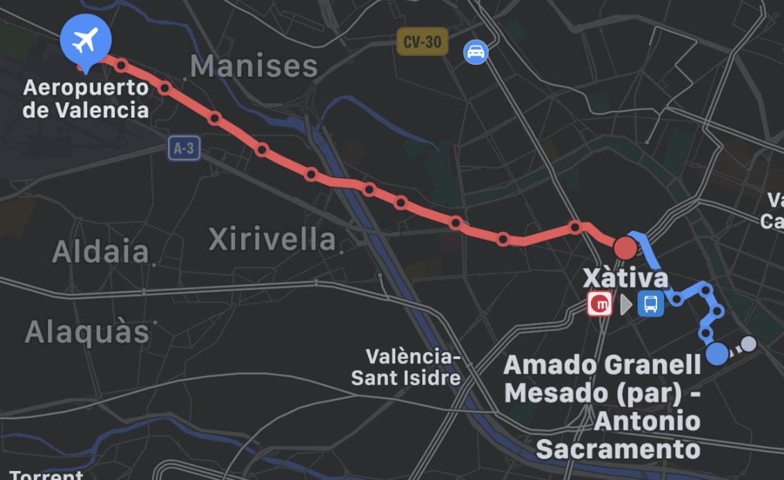 Apple Peta sudah termasuk rute transportasi umum di Valencia