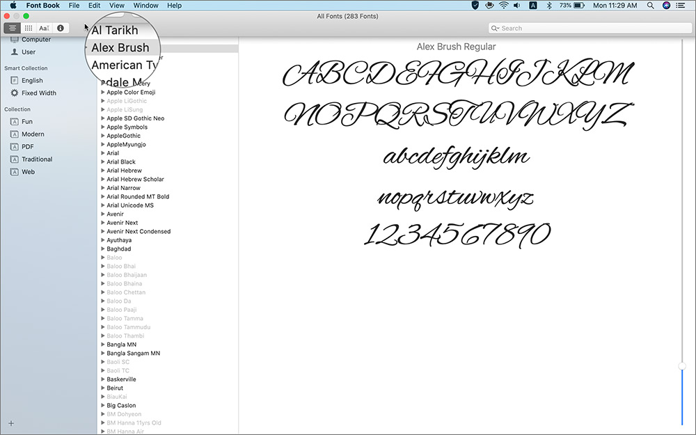 شاهد الخطوط المثبتة في Font Book على نظام Mac
