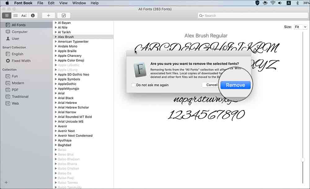 انقر فوق حذف لحذف الخطوط من Mac
