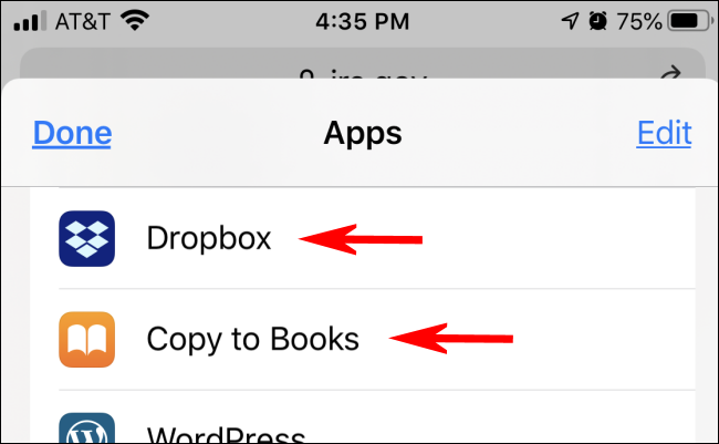 Memilih untuk menyimpan file PDF ke Dropbox atau Buku