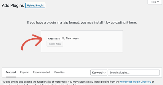 Pilih file zip plugin untuk diunggah dan diinstal di WordPress