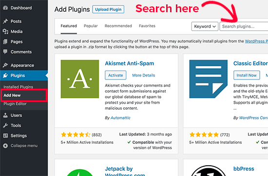 Mencari plugin untuk dipasang di admin area WordPress