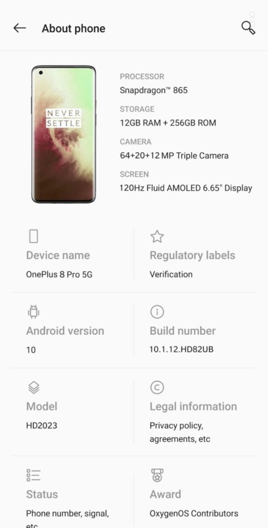 OnePlus 8 Pro 5G specifikationer filtrerat 1