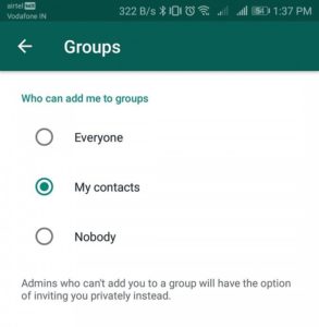 Atur pengaturan WhatsApp agar admin di obrolan grup dapat memilih siapa yang akan bergabung