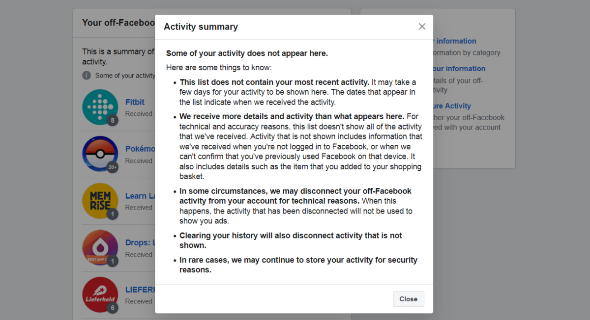 Facebook sammanfattning av aktiviteter