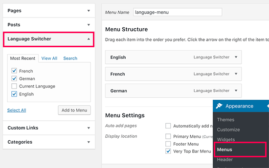 Menambahkan pengalih bahasa ke menu navigasi WordPress