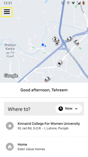 Ikon lainnya untuk mengelola tempat yang disimpan di Uber (Android). 