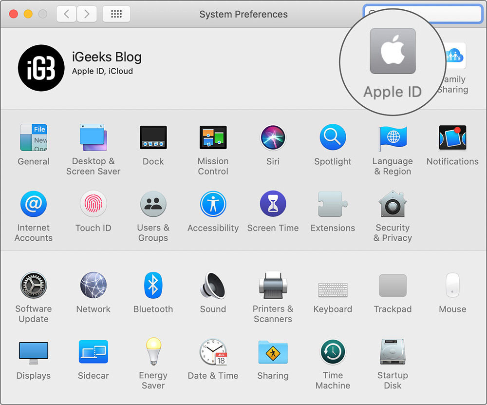 Klik Apple ID di System Preferences pada Mac