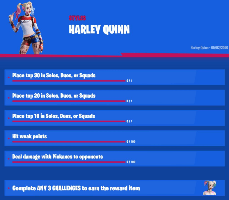 Memfilter daftar tantangan yang Harley Quinn dari Fortnite Bab 2 - Fortnite Penggemar