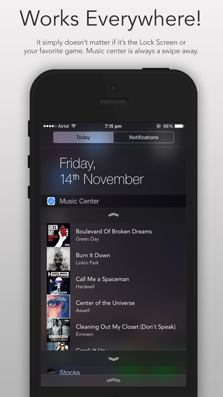 Music Center, Widget untuk mengontrol Musik dari iOS 8 Notifications Center 3
