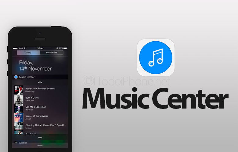 Music Center, widget để điều khiển nhạc từ iOS 8 Trung tâm thông báo 2