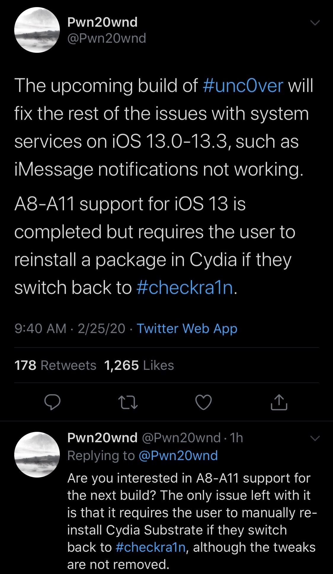 Pembaruan berikutnya ditemukan untuk mendukung iOS 13.0-13.3 pada perangkat A8-A11 3.