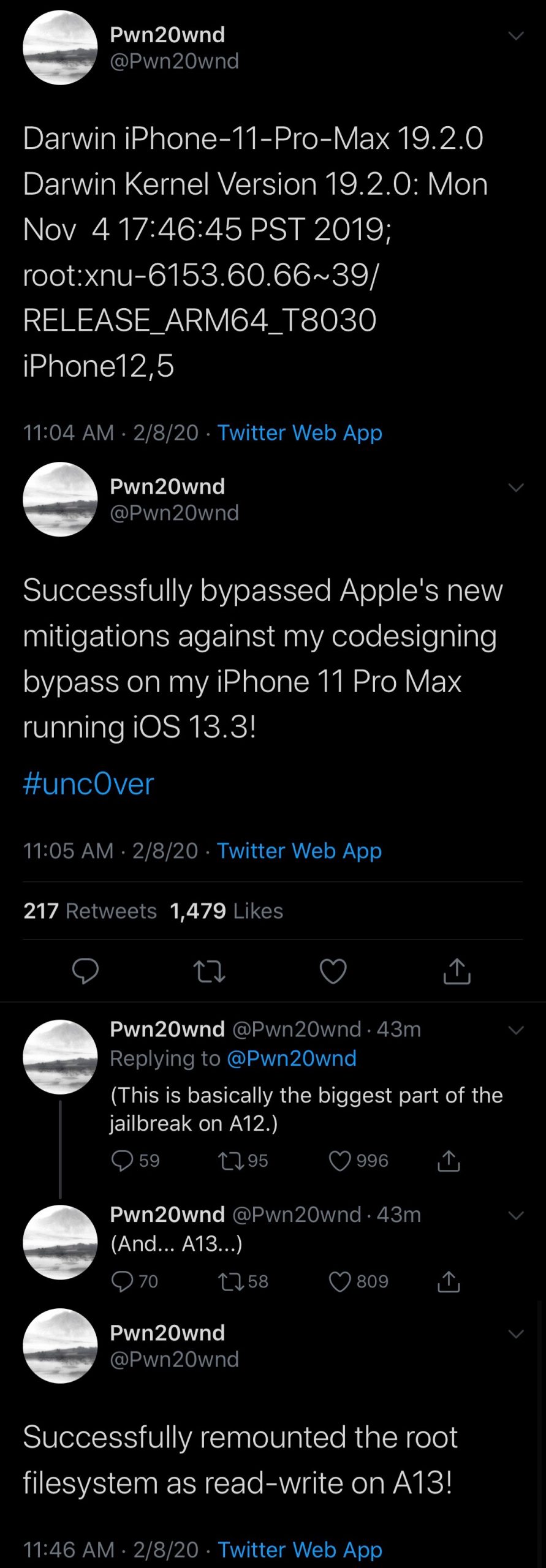 Pwn20wnd memuji kemajuan penting pada dukungan iOS 13.3 di jailbreak yang tidak pernah ada 3