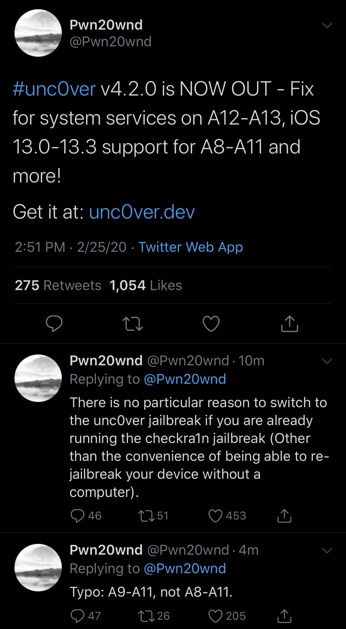 Rilis Unc0ver v4.2.0 menambahkan dukungan untuk perangkat A8X-A11 yang menjalankan iOS 13.0-13.3 3