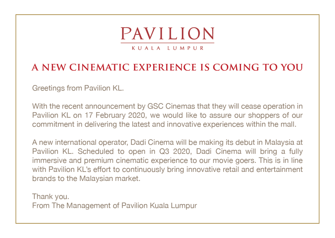 Dadi Cinema China kommer att byta GSC på KL Pavilion;  Vad vi vet…