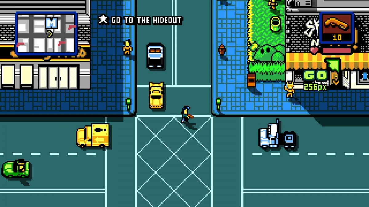 Gim gaya 8-bit dengan seorang pria memegang senjata menyeberang jalan.